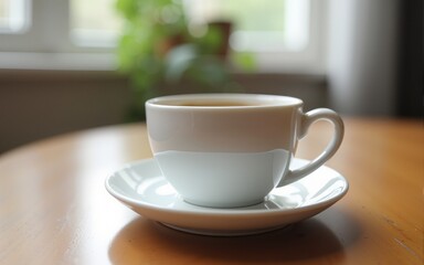 A white ceramic coffee cup with saucer on the wooden table indoors. High quality