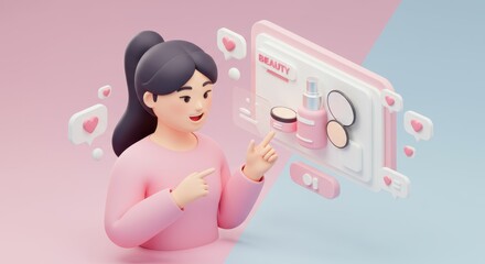 Cute 3D beauty influencer promoting cosmetic products on social media platform