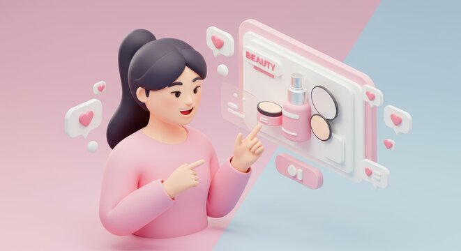 Cute 3D beauty influencer promoting cosmetic products on social media platform