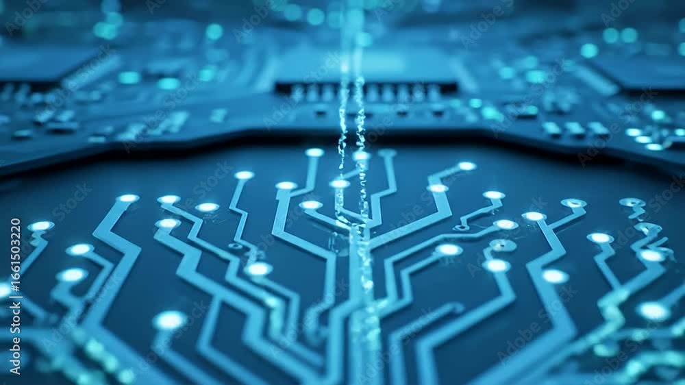 Poster digital data stream flowing through a futuristic blue circuit board with glowing connections and pat