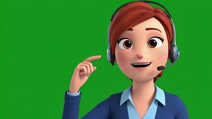 Friendly 3D animation of a customer service representative offering assistance and solutions with a headset on a green screen background