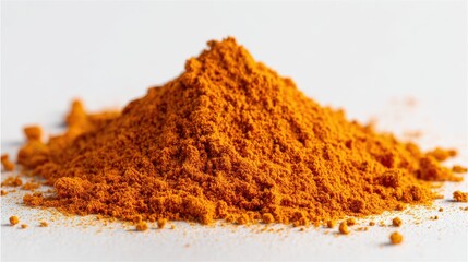 Ground turmeric powder forms small mound on white background