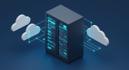 Isometric server rack with cloud connections emphasizing data management and storage