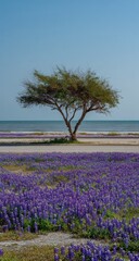 Solitary tree stands amidst a vast field of vibrant purple wildflowers, facing a tranquil ocean