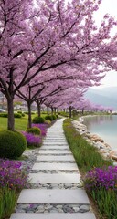 A serene pathway lined with blossoming pink cherry trees, leading to a lake