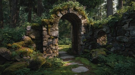 Fototapeta premium Moss-covered stone archway invites exploration in a serene forest setting during the early morning