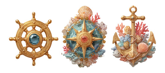 Decorative Nautical Symbols Set on Transparent Background Isolated