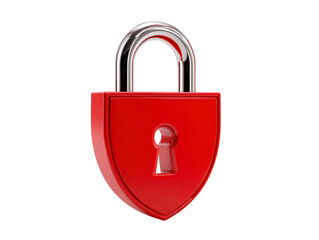 Naklejka premium Red padlock with shield shape, shiny metallic shackle, and keyhole symbolizing security, protection, privacy, and safety, isolated on transparency background