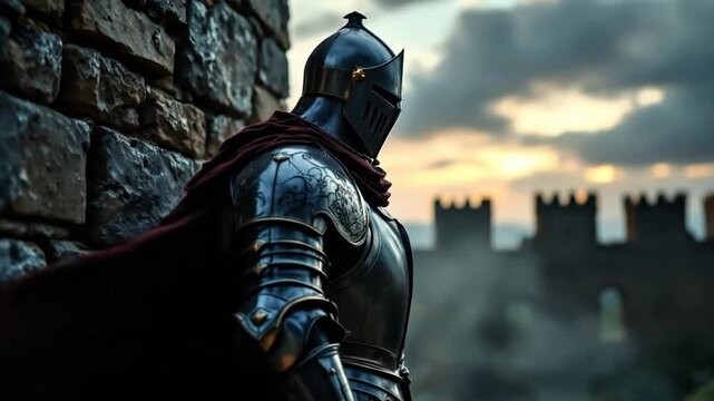 A lone knight in full armor stands against a castle wall at sunset.