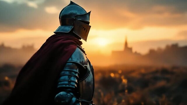 A lone medieval knight in shining armor and a red cape stands silhouetted against a vibrant sunset, gazing at a distant castle.