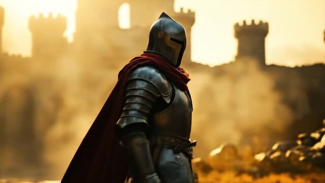 A knight in shining armor stands before a castle, ready for battle, with a red cape.