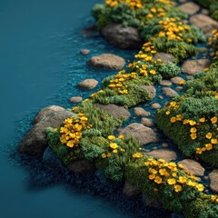 Close-up of a stone path by a water's edge, with vibrant yellow flowers and green moss
