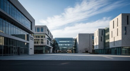 Modern, light-gray buildings form a plaza under a clear sky