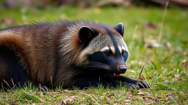 Large dark wolverine animal laying on a field
