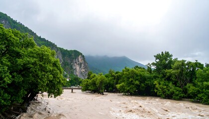 Mountain River Flood, Cloudy Day, Lush Foliage