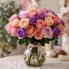A bouquet of vibrant pastel roses in a clear vase.  Roses in shades of lavender, peach, and blush pink fill a round glass vase. Soft lighting creates a romantic ambiance