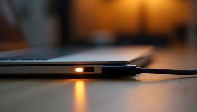 A cinematic micro shot of a laptop mid-charge, with the cable inserted and charging light glowing. Focus on the side port area and brushed texture. The desk is clean and neutral-toned. Ideal for tech 