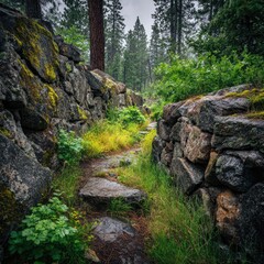 A stone pathway winds through a mossy forest