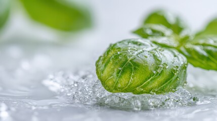 Fresh basil leaves resting on melting ice cubes, preserving herbs