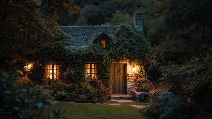 Cozy stone cottage surrounded by lush greenery in a serene forest setting during twilight hours