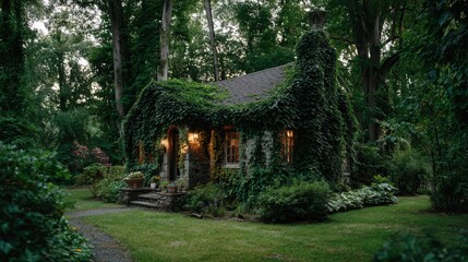 Cozy stone cottage surrounded by lush greenery in a serene forest setting during twilight hours