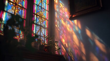 Stunning stained glass window casts colorful reflections in a historic church at sunset