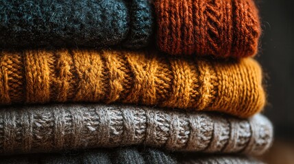 Cozy knitted sweaters stacked on a wooden surface in autumn colors for seasonal fashion inspiration