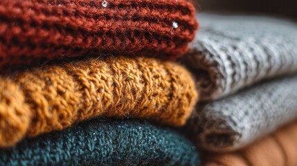 Cozy knitted sweaters stacked on a wooden surface in autumn colors for seasonal fashion inspiration