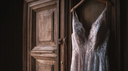 Vintage lace dress hangs on wooden door in soft natural light setting