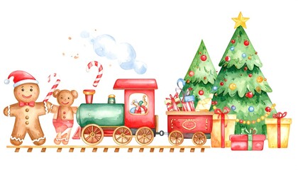 Watercolor Christmas train with gingerbread men and gifts