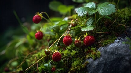 Ripe strawberries growing in lush greenery during a sunny afternoon in a natural garden setting