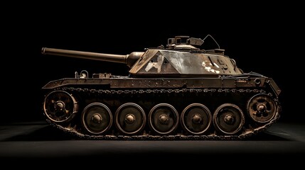 Restored World War II tank destroyer side profile view isolated on black background vintage military vehicle armored fighting vehicle history army museum (Military Vehicle)