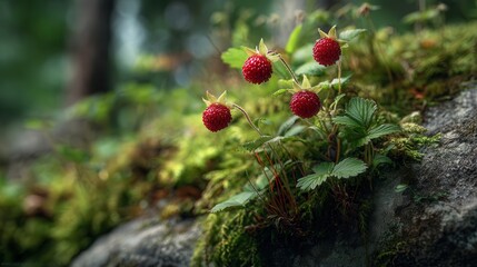 Ripe strawberries growing in lush greenery during a sunny afternoon in a natural garden setting