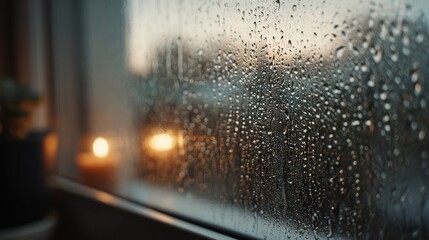 Rain gently falls as sunlight filters through droplets on a window during an evening in the city