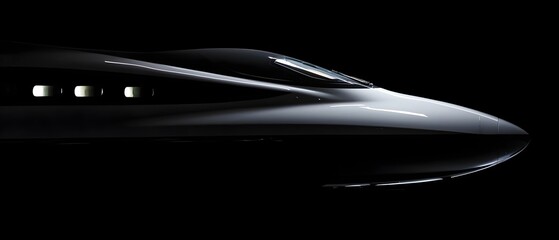 Aerodynamic modern bullet train side view isolated on black background dark grey sleek high speed rail futuristic transport technology passenger travel velocity