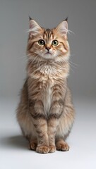 Obraz premium Fluffy tabby cat with green eyes sitting on a white background in a studio setting