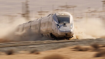 High-speed train traveling through arid landscape at sunset with dust clouds rising on tracks