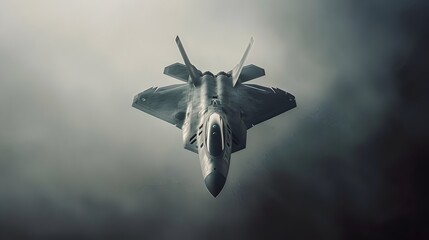 Advanced stealth tactical fighter jet head on flying through dense haze cloudy sky military aircraft air superiority modern air force technology power (Aircraft)