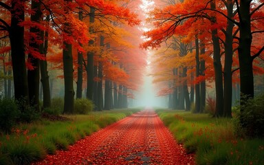 Forest scenery in autumn with enchanting colors and a pathway covered with red leaves and framed by green grass and herbs. High quality