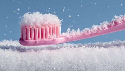 Pink toothbrush in snow. Small snow crystals falling around a pink toothbrush, its bristles covered in a pile of snow. Close-up view. Soft light