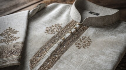 Beautifully crafted beige kurta with intricate embroidery displayed on wooden surface in soft lighting