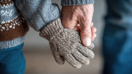 Close-up of two hands holding, aged hand with child's hand in mitten