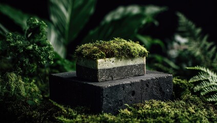 Lush bar of soap, layered in shades of white and charcoal, rests on a dark stone pedestal amidst lush greenery