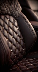 Close-up of a luxurious, brown leather car seat with diamond quilting and gold studs