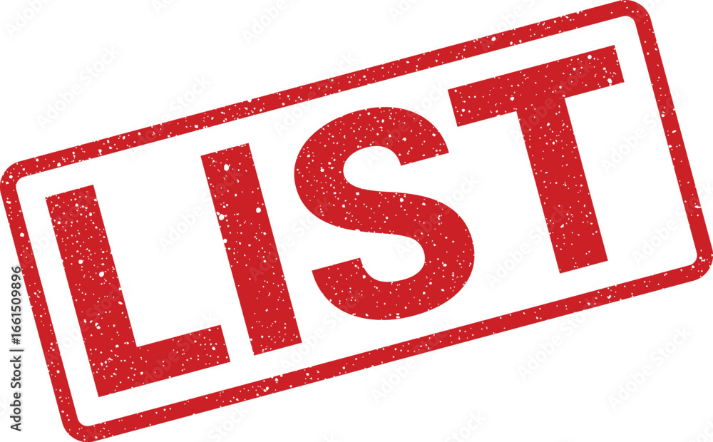 Aufkleber distressed red 'list' wordmark inside rectangular rubber stamp frame, angled text for checklists or 
