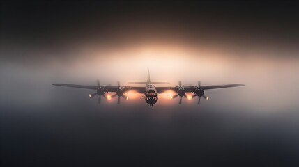 British WWII heavy bomber emerging from fog head on black and white four engine propeller aircraft RAF Bomber Command military aviation night bombing history (Aircraft)