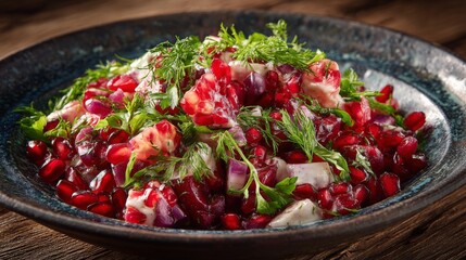 Colorful pomegranate salad with herbs in a rustic bowl on wooden table showcasing fresh ingredients