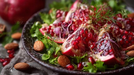 Fresh pomegranate salad with almonds and greens prepared in a rustic kitchen setting