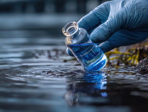 Waste Water Testing. Hand in Glove Collects Water Sample for Purity Analysis