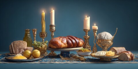 Traditional table setting with bread, cheese, fruits, and candles for a festive meal celebration